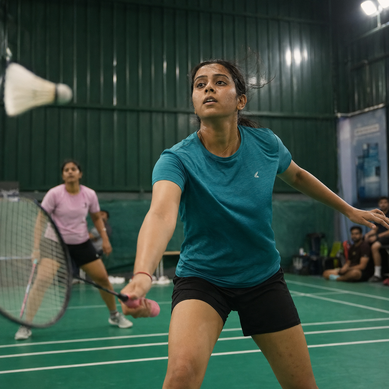Badminton doubles rally under evening floodlights